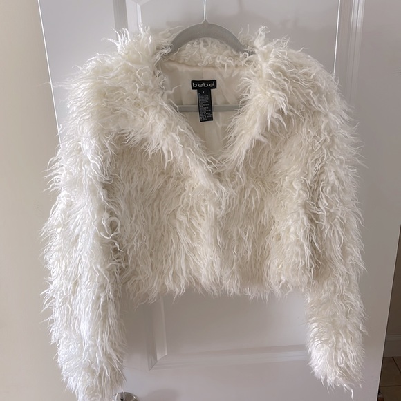 bebe vintage fuzzy furry jacket coat off white cream L Large - Picture 1 of 8